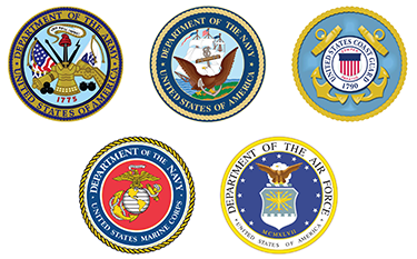 Service Branch logos including The Army, The Navy, The Coast Guard, The Marines and The Air Force