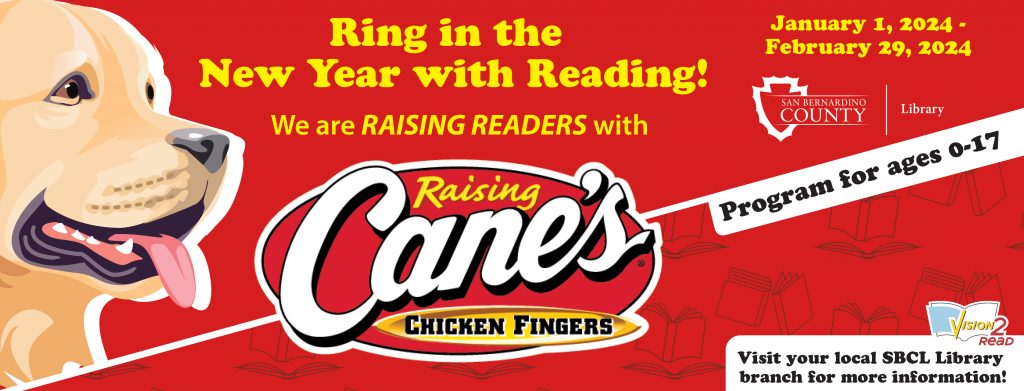 raising readers with raising cane's red banner with golden retriever program dates January 1 through February 29, 2024 for ages 0 to 17