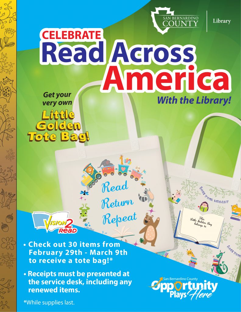 Celebrate Read Across America Week.

Get your own Little Golden Tote Bag.

Check out 30 items from February 29- March 9 to receive a tote bag. 

Receipts must be presented at the service desk.

While supplies last. 